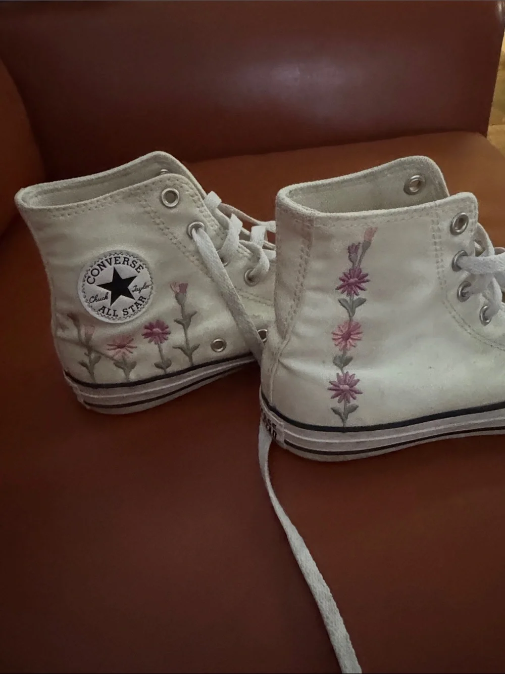 Converse White High Top Sneakers with Pink Floral Embroidery